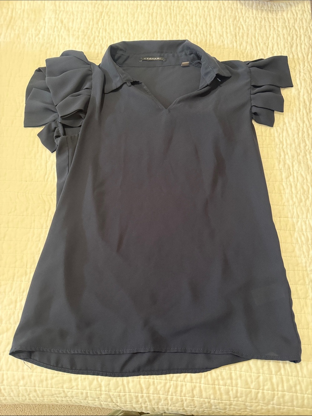 Tahari Navy Ruffle Sleeve V-Neck Blouse